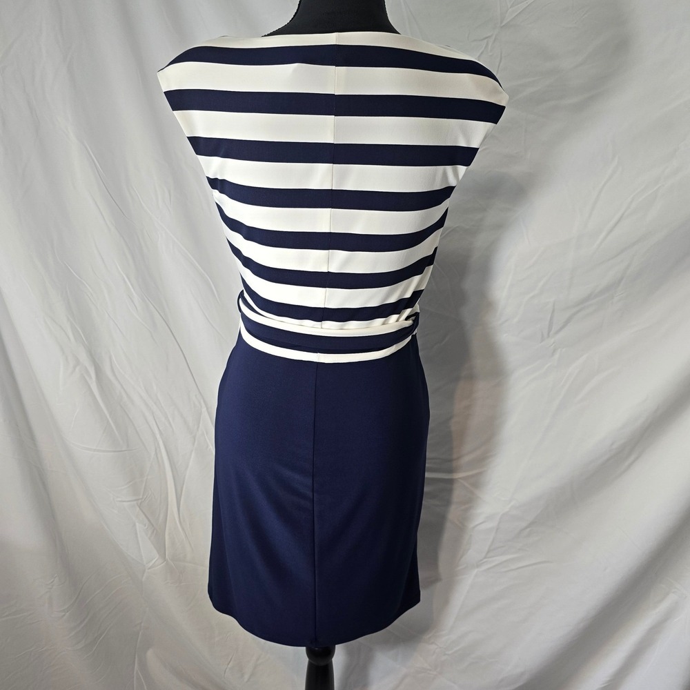 Lauren Ralph Lauren Navy White Striped Faux Wrap Sheath Dress 8P Tie Waist - Picture 4 of 7